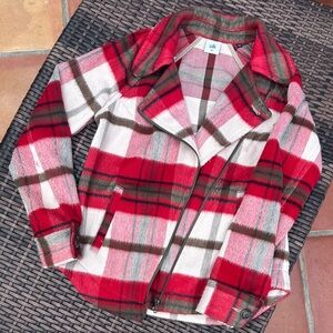 CAbi Red and White Plaid Teddy Jacket